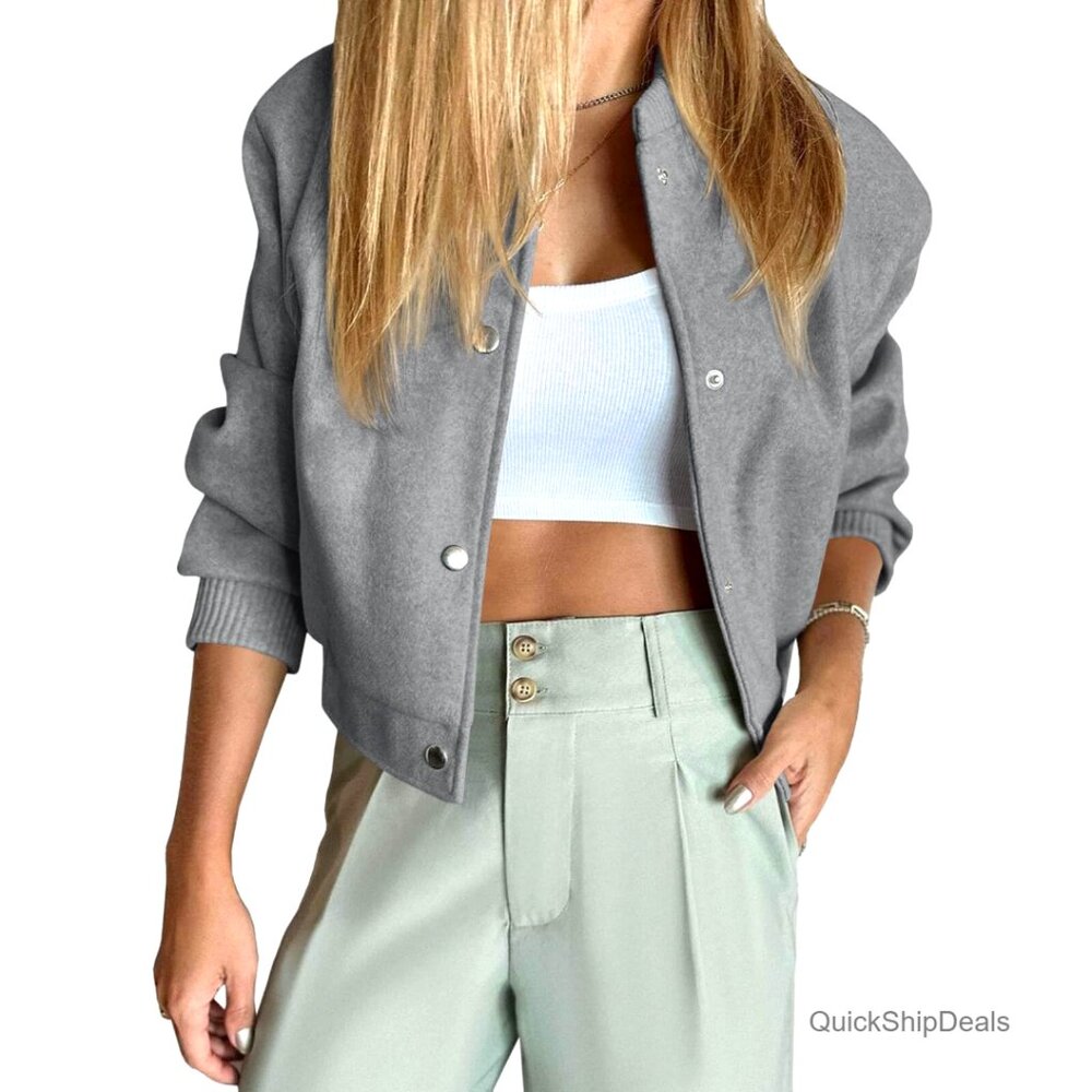 Cropped Bomber Jacket Wool Blend Button Down Long… - image 1